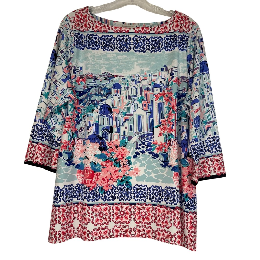 Charter Club Woman 0X Mediterranean Scenic Print 3/4 Sleeve Top Blue Pink Blouse